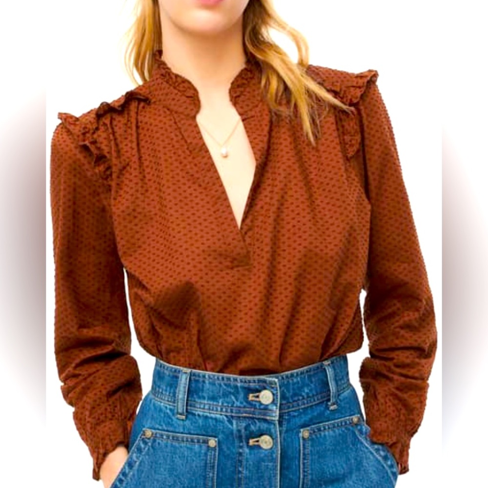 J.Crew ruffle trim v-neck clip dot top